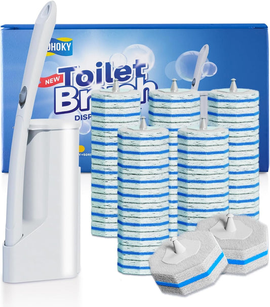 Disposable Toilet Brush Cleaning System with 50pcs Refills Pads Replacement Heads. Toilet Cleaning Stick. Wall Mounted Toliet Wand Kit Bathroom Maintenance. Toilet Bowl Cleaner Wands Holder and Set